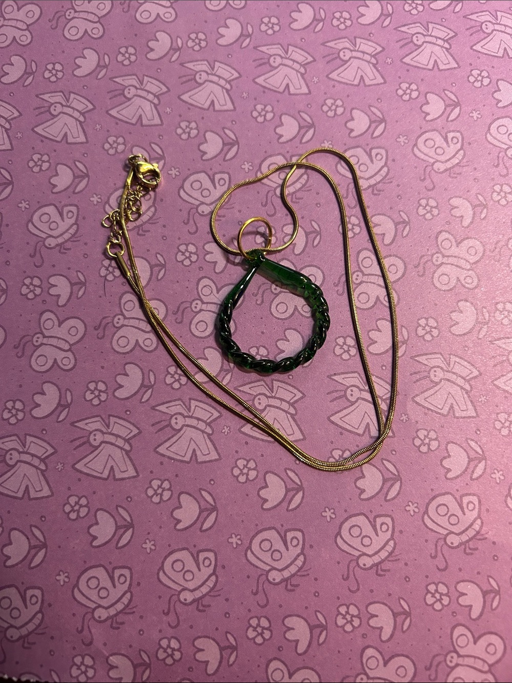 Gold Chain Necklace with Green Braided Ring Pendant
